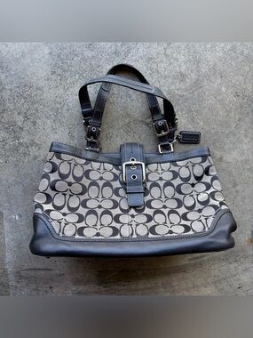 Vintage Y2K Coach Signature Hampton Leather Canvas Buckle Accent Tote Bag